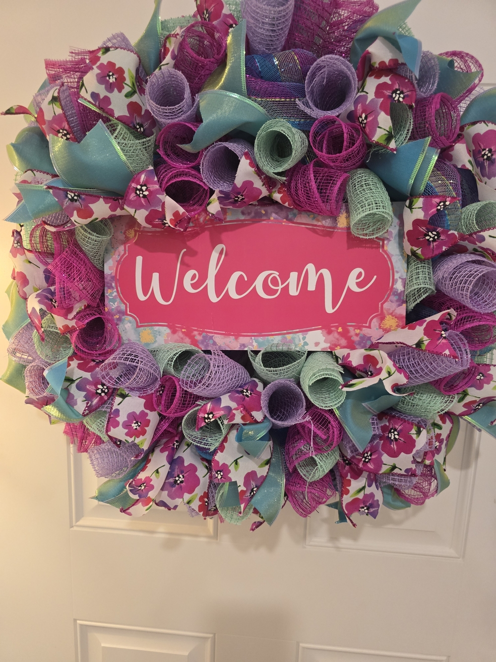 Welcome Spring Summer Floral Ribbon Wreath in Pink, Turquoise & Lavender